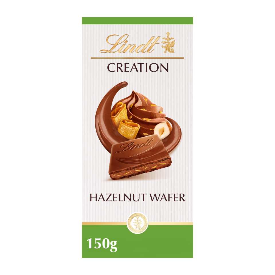 Lindt Creation Hazelnut Wafer chocolate bar, 150g.