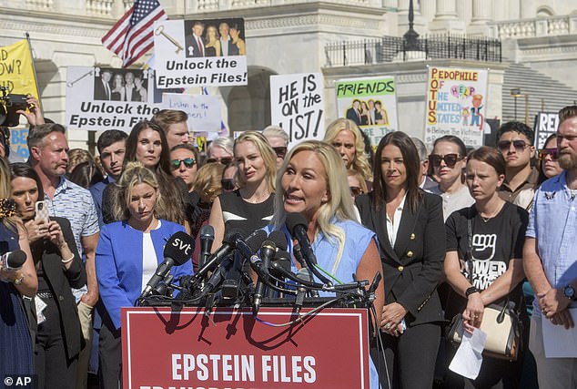 Rep. Marjorie Taylor-Greene (R-Ga.) speaks during a news conference regarding the release of the Jeffrey Epstein files, on Capitol Hill, Wednesday, Sept. 3, 2025