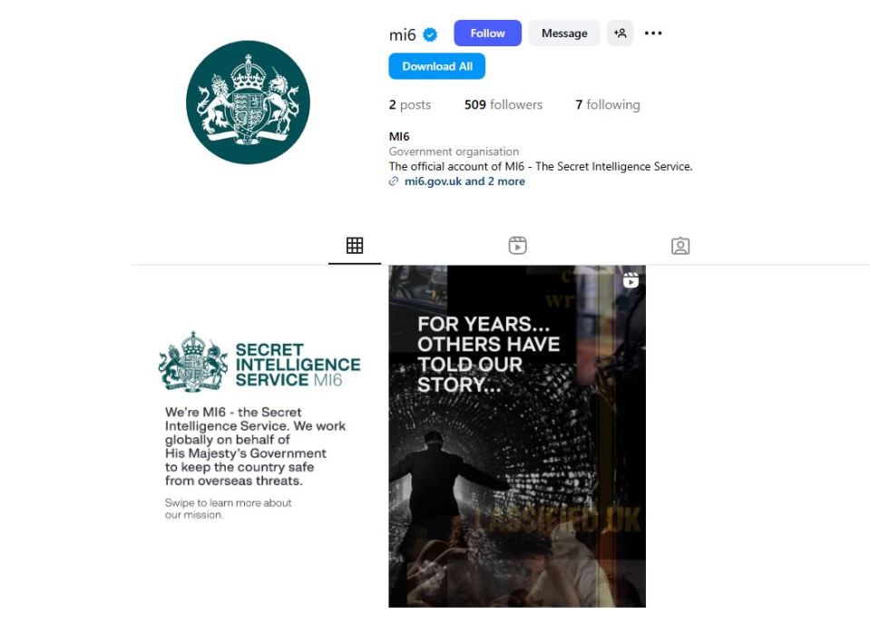 MI6 Instagram profile with a video post: "For years... others have told our story..."