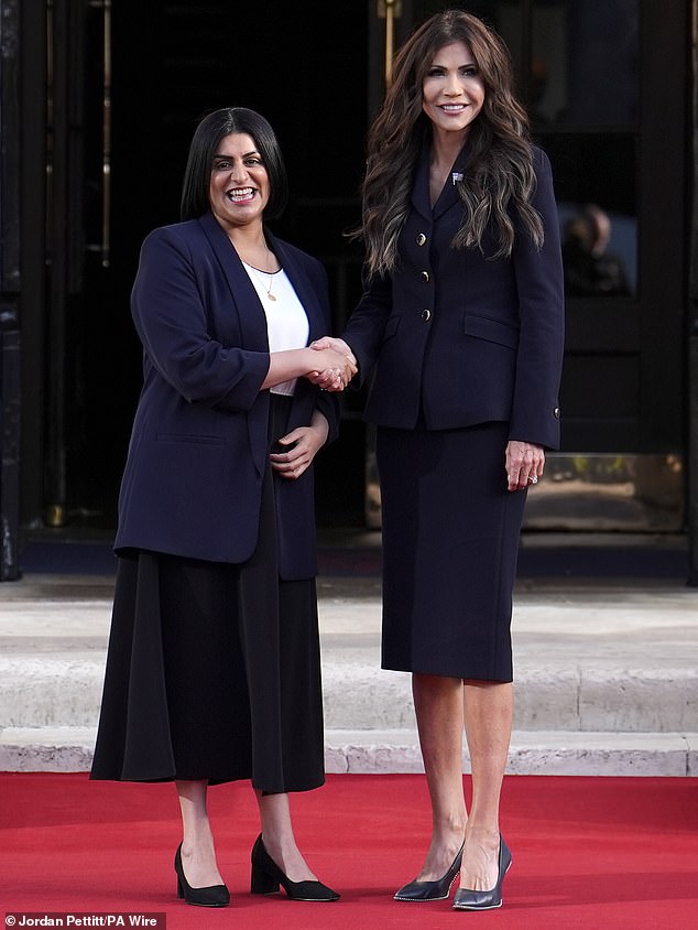Home Secretary Shabana Mahmood shakes hands with US Secretary of Homeland Security Kristi Noem at the Five Country ministerial meeting