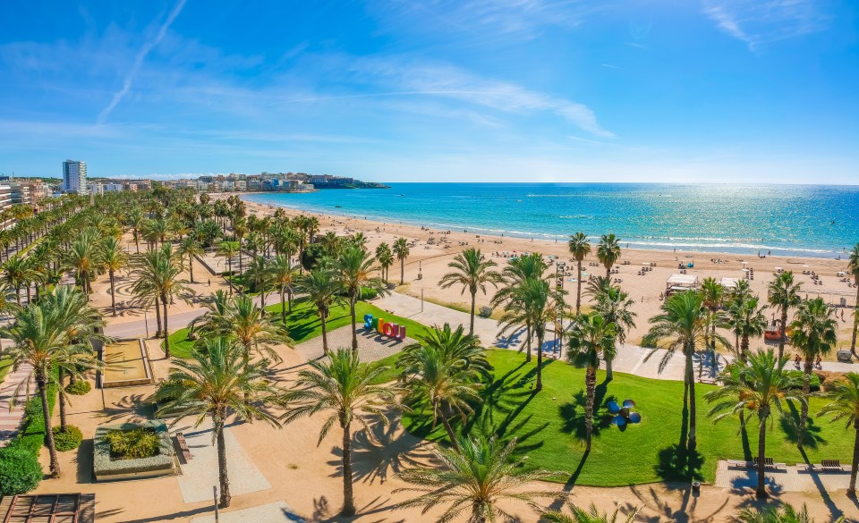 Aerial view of Salou beach with palm trees.