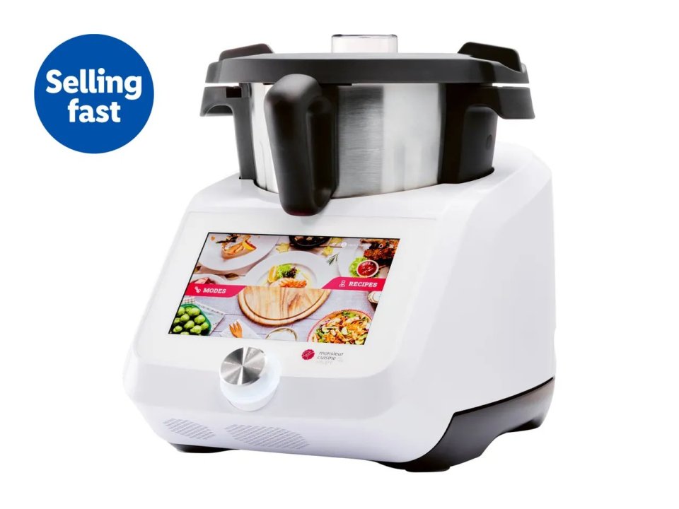 Multi-cooker with touchscreen displaying recipes.
