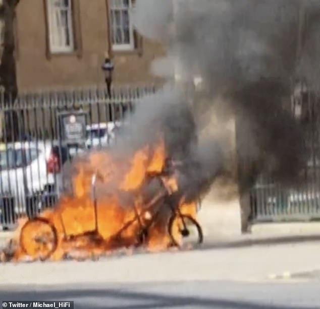 TfL says it will also enforce safety standards assessing brakes, tyres and batteries - the latter a concern because of explosion risks (pictured: a pedicab that blew up outside Buckingham Palace last year)
