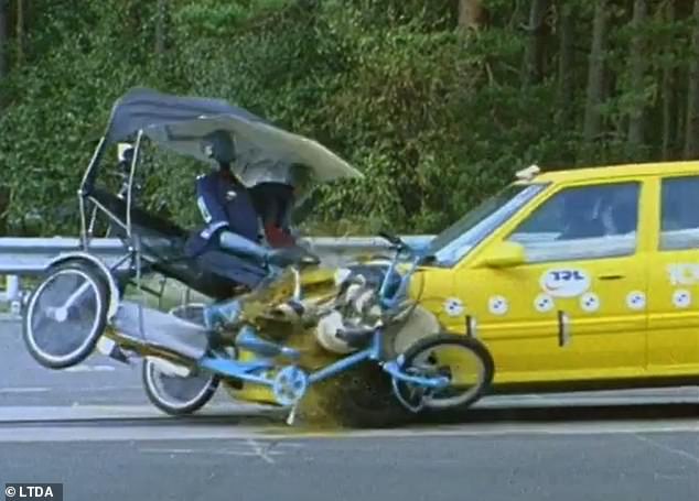 The Licensed Taxi Driver's Association commissioned a study 20 years ago that found a pedicab 'disintegrated' when struck by a moving vehicle at 30mph (pictured)