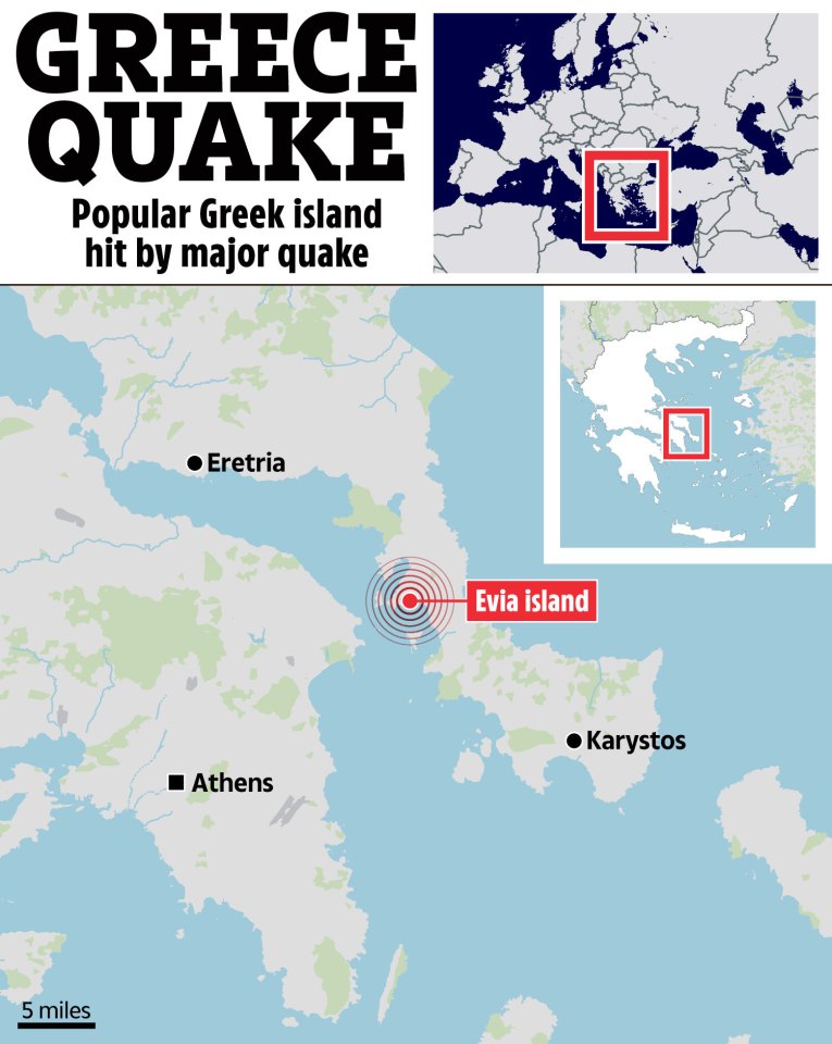 Map showing the location of a major earthquake on Evia island, Greece.
