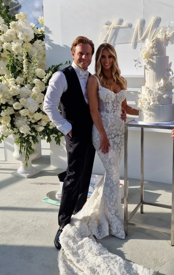 Bride and groom posing for a wedding photo.