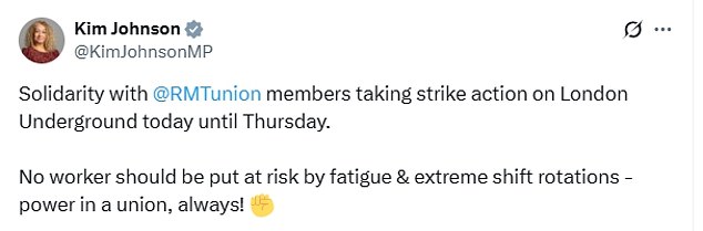 As hard-working Londoners were unable to get across the capital, Labour's Liverpool Riverside MP Kim Johnson said she stood in 'solidarity' with the RMT