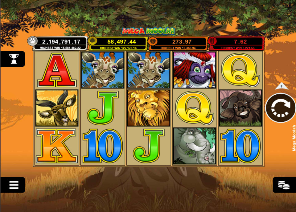 Mega Moolah slot game screen showing recent wins and animal icons.