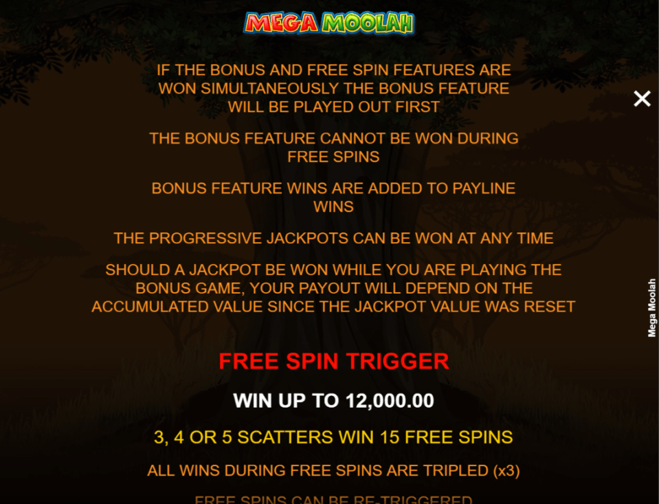 Mega Moolah game rules: bonus and free spin features; progressive jackpots; free spin trigger.