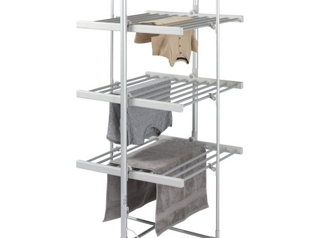 Three-tier heated clothes airer with clothes drying on it.