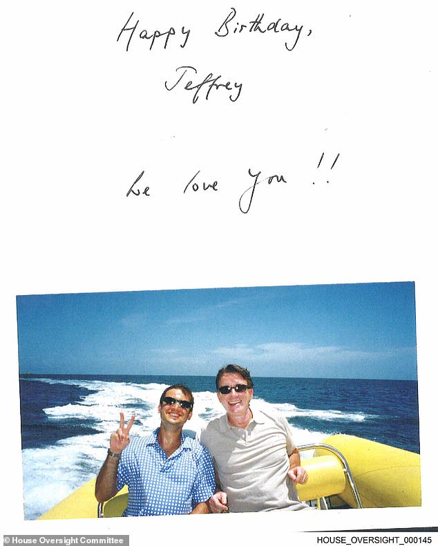 Mandelson ended his missive saying 'Happy Birthday, Jeffrey. We love you!!' The 'birthday book was compiled by Ghislaine Maxwell