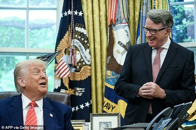 Lord Mandelson, who was appointed by Sir Keir Starmer as Britain's Ambassador to the US, is pictured here with Donald Trump in the Oval Office in May 2025