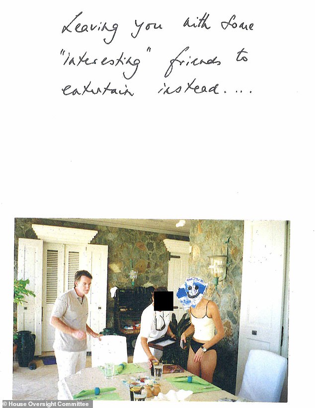 The letter features other photos of Lord Mandelson, where in one he is stood next to two females, with one wearing a white vest and black underwear, in which he writes Epstein would leave 'you with some "interesting" friends to entertain'