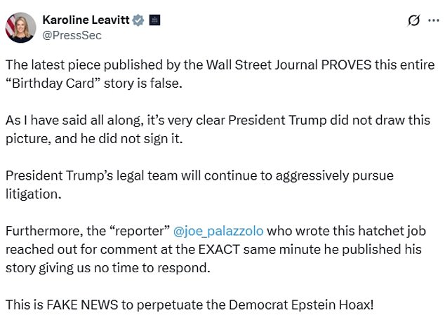 The White House spokeswoman Karoline Leavitt has described the story as 'fake news'