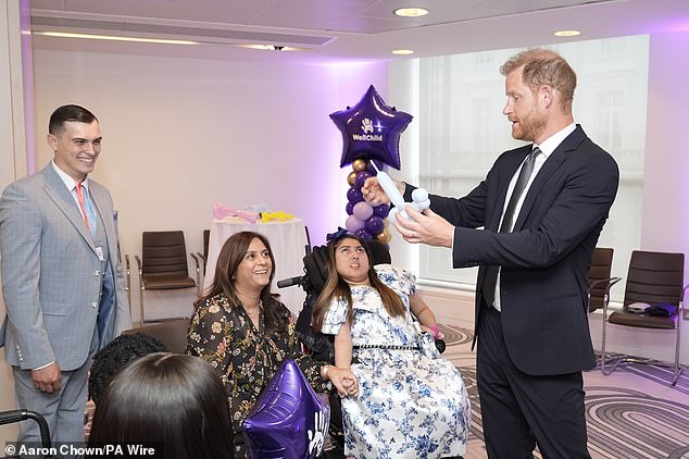 The Duke of Sussex with previous WellChild award recipients Dylan Bleach (left) and Rhea Talwar, with her mother Purabi, at the annual WellChild Awards 2025 in London yesterday
