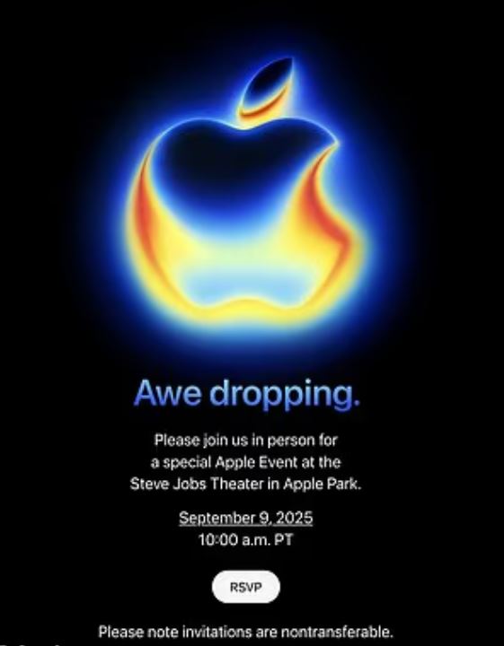 Apple event invitation: glowing Apple logo and event details.