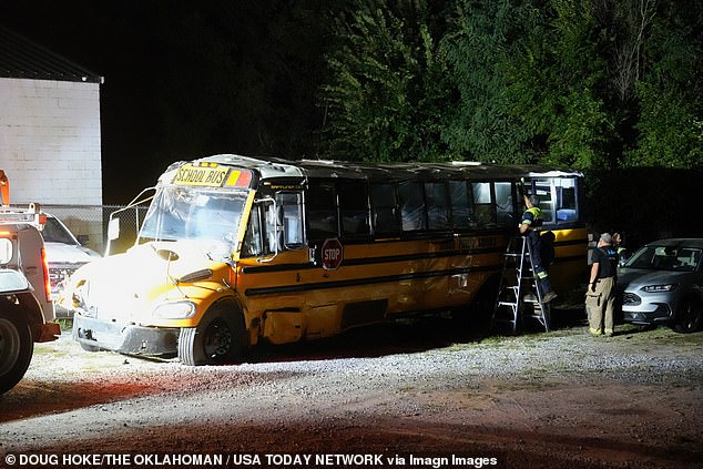 The incident unfolded on Monday night on Highway 152 near Minco, Grady County, 40 miles southwest of Oklahoma City, the bus is seen here after the incident