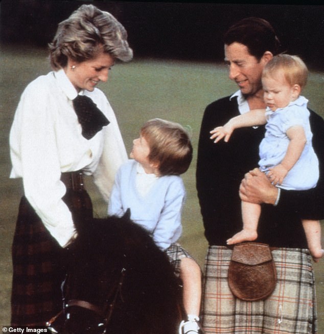 'Harry is reinforcing the impression that he is the real heir to Diana, the Prince of People’s Hearts,' says Amanda Platell. Harry and William are pictured with Charles and Princess Diana in 1988