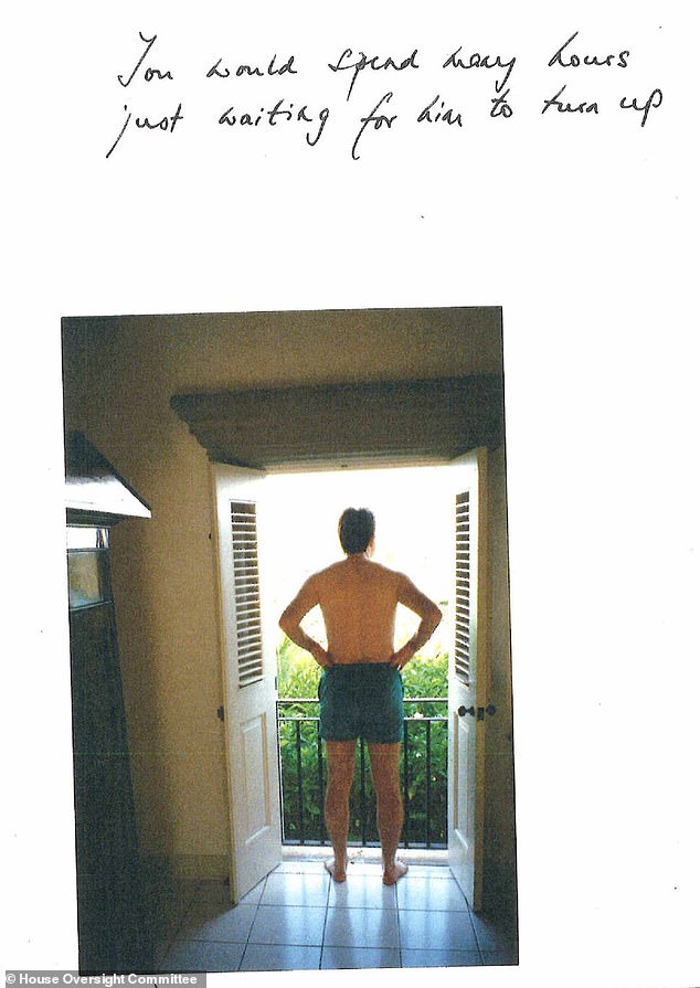 On the second page, a topless Lord Mandelson wearing swimming shorts gazes out of a balcony, with the caption: '...waiting for him to turn up'