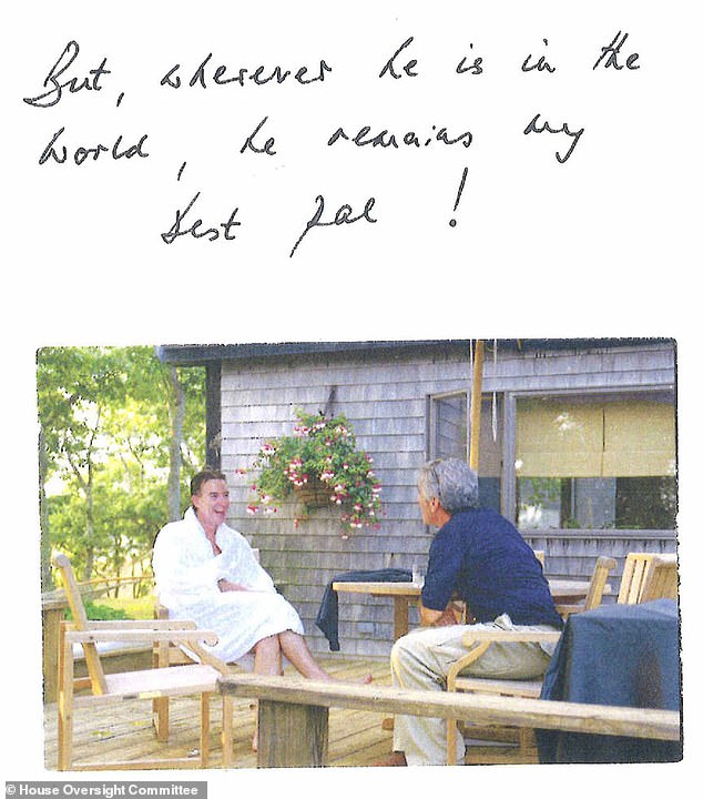 Page nine: Mandelson captioned this grinning photo of himself with Epstein and said he was 'my best pal!'