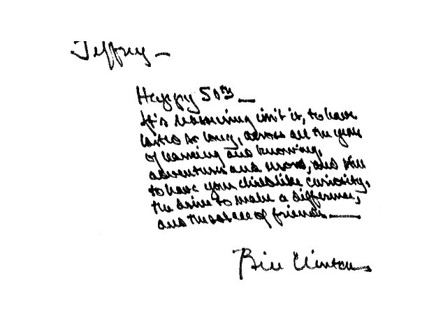 The handwritten message on the Bill Clinton greeting in Epstein's birthday book