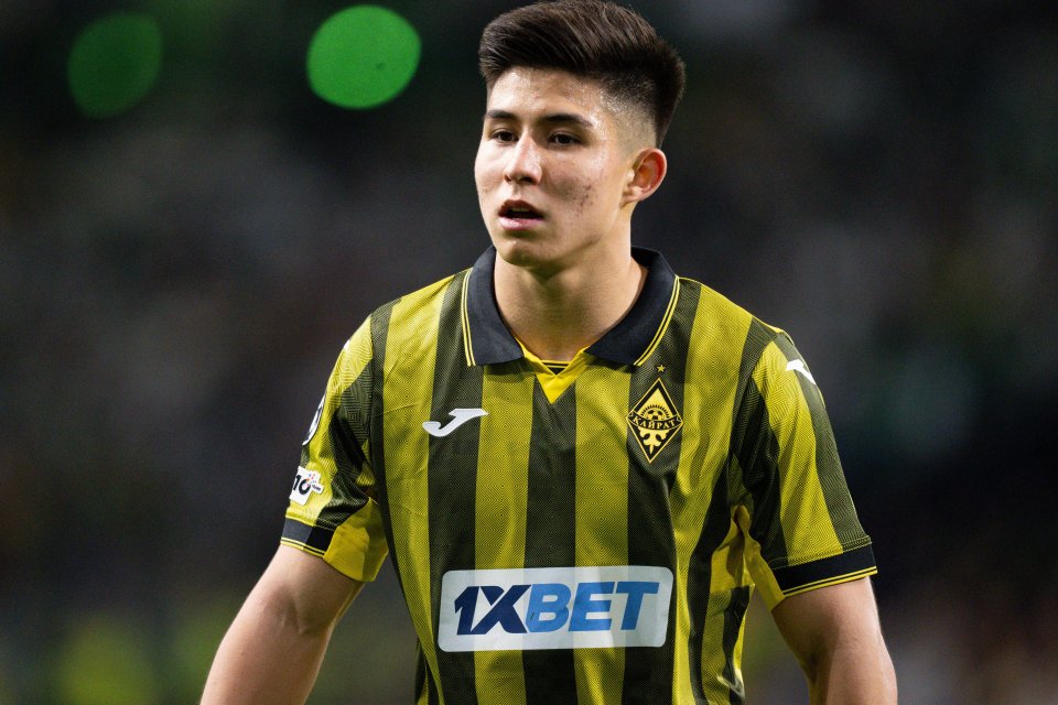 Kairat Almaty's Dastan Satpaev during a UEFA Champions League match.