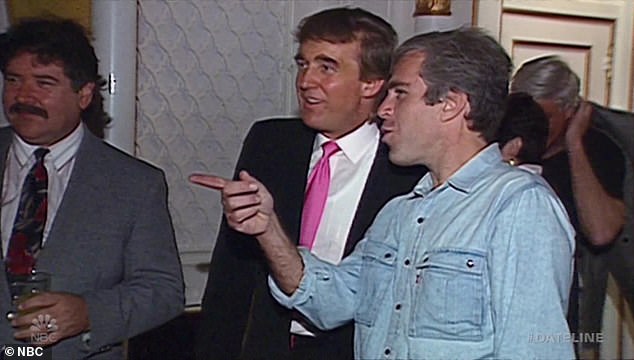 Trump and Epstein shown together in conversation. The president has tried to downplay his prior relationship with the late financier since his crimes emerged