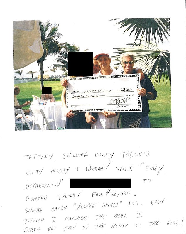 Later Monday, another photo emerged from the birthday book showing Epstein holding an oversized check alongside a note joking about Trump selling a woman to him
