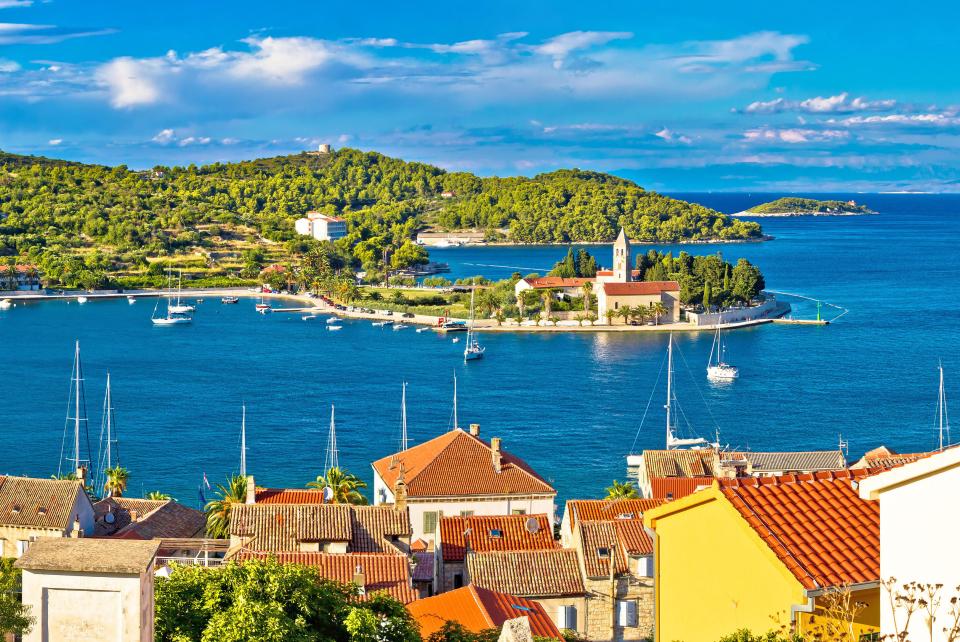 Panorama of Vis island harbor in Dalmatia, Croatia.