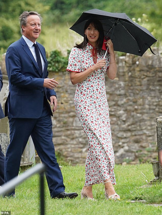 At the wedding of former chancellor George Osborne in July 2023, Lady Cameron wore her brand's 'Jacquetta' dress