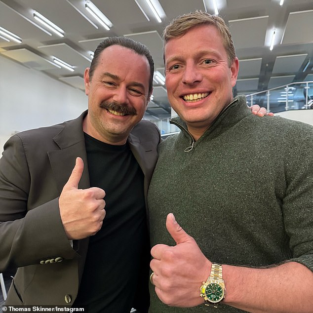 Former Apprentice candidate Thomas, pictured with Strictly co-star Dani Dyer's actor father Danny, refused to answer questions about why he had signed up to the show at the launch