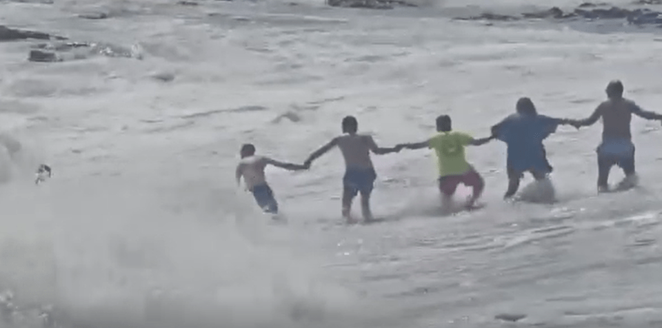 Human chain rescuing a boy from strong currents.