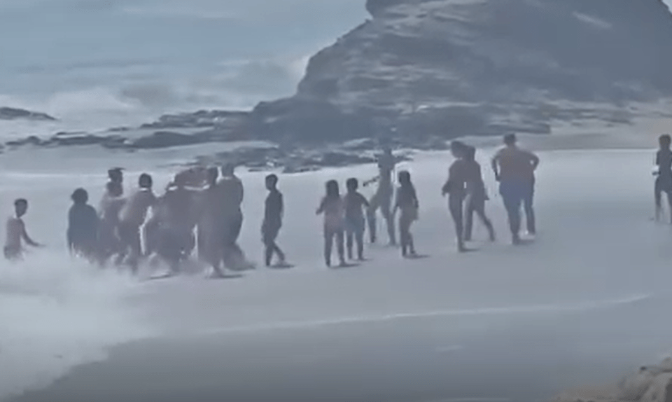 A human chain rescuing a boy from strong currents at a beach.
