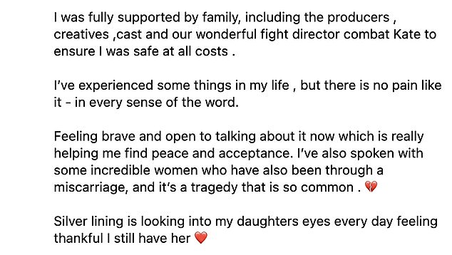 Zoe, who has a daughter Aaria, revealed she lost her baby at 11 weeks, during the last few days of playing her 'dream role'