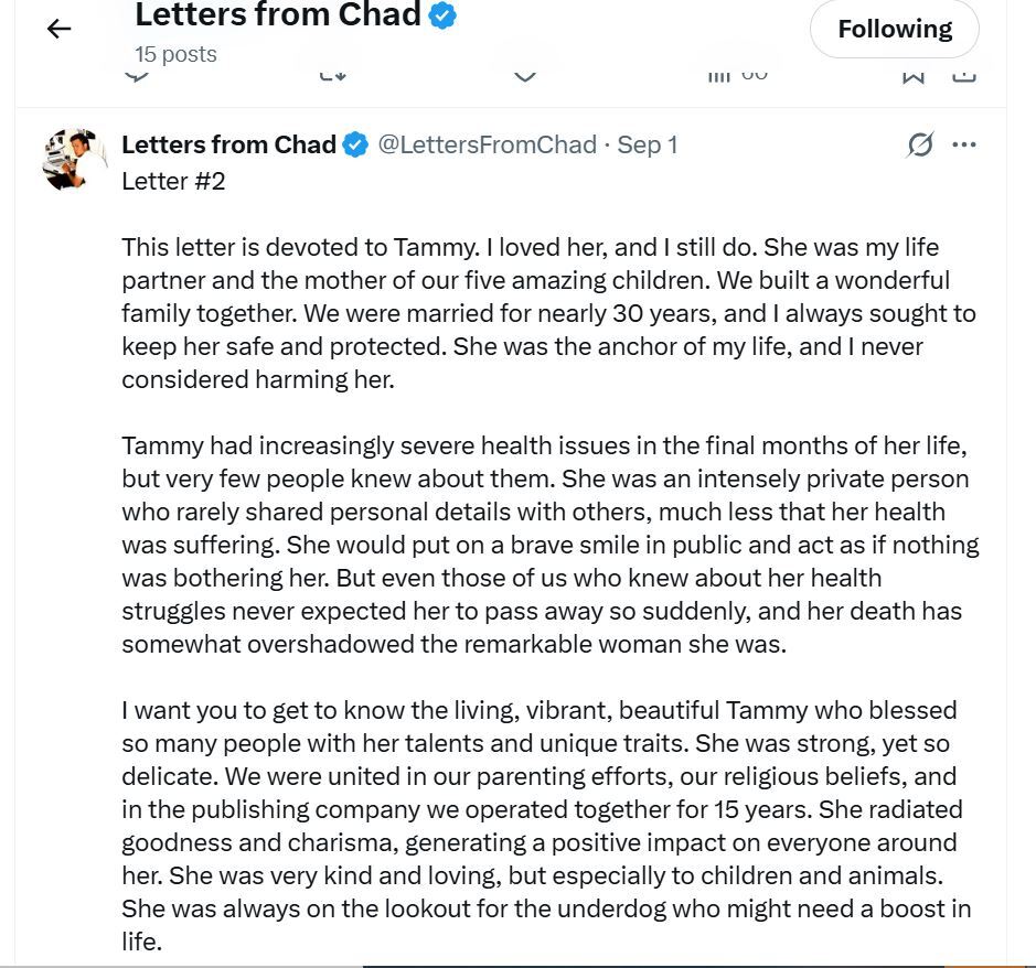 Screenshot of a tweet showing a letter from Chad Daybell, detailing his late wife's health struggles and personality.