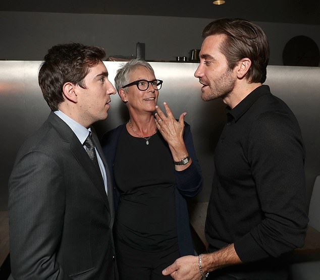 From left, Jeff Bauman, Jamie Lee Curtis and Jake Gyllenhaal in 2017 in Los Angeles