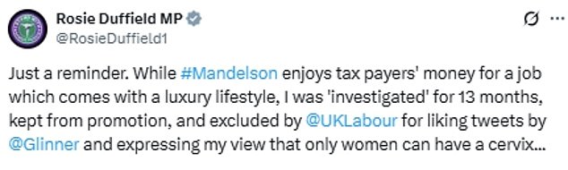 Rosie Duffield, who quit Labour, compared her treatment to that of Lord Mandelson