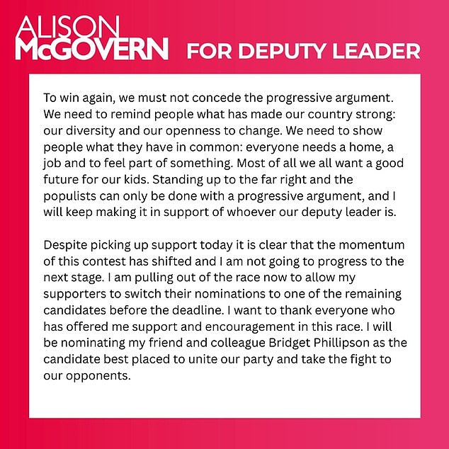 In a statement on social media, Ms McGovern said: 'Despite picking up support today it is clear that the momentum of this contest has shifted and I am not going to progress to the next stage.