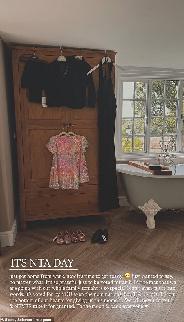Earlier in the day, Stacey gave fans a behind-the-scenes glimpse on Instagram, sharing a snap of everyone¿s outfits hung up on the wardrobe door ready for the big night