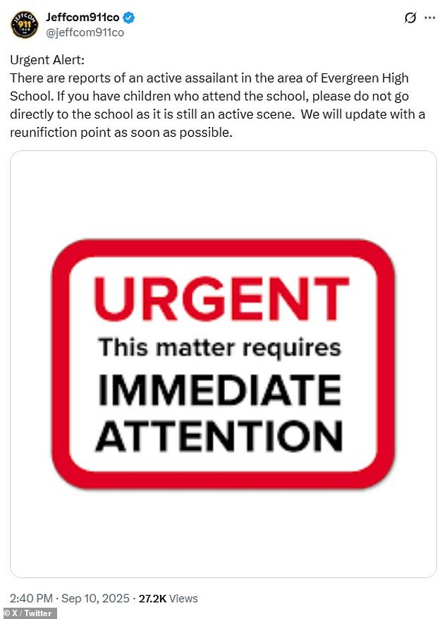 JeffCo emergency communications said there were reports of 'an active assailant in the area of Evergreen High School' at 12.40pm MST. 'If you have children who attend the school, please do not go directly to the school as it is still an active scene,' they wrote on X