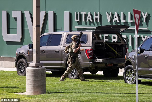 Law enforcement officer works at Utah Valley University, where U.S. right-wing activist, commentator, Charlie Kirk, an ally of U.S. President Donald Trump, was shot during an event, in Orem, Utah, U.S. September 10, 2025.  REUTERS/Jim Urquhart