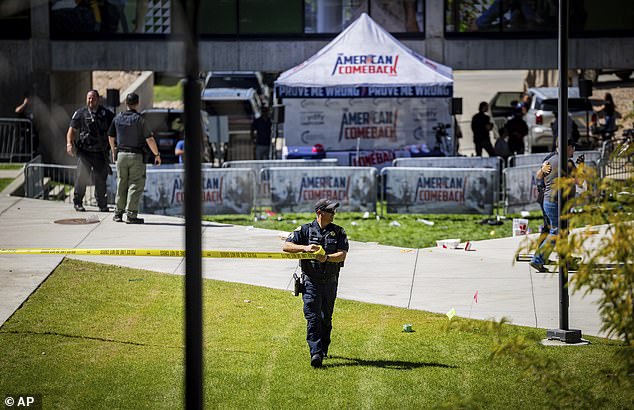 Law enforcement tapes off an area after Charlie Kirk, the CEO and co-founder of the conservative youth organization Turning Point USA, was shot at the Utah Valley University, Wednesday, Sept. 10, 2025, in Orem, Utah. (Tess Croewley/The Deseret News via AP)