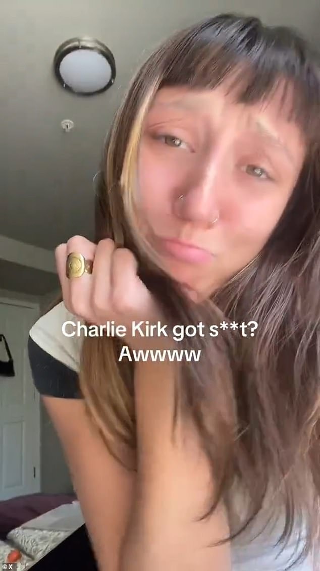 Multiple TikTokers reacted casually to the shooting, with one mock crying while a dramatic song played, with the caption: 'Charlie Kirk got s**t? Awwww'