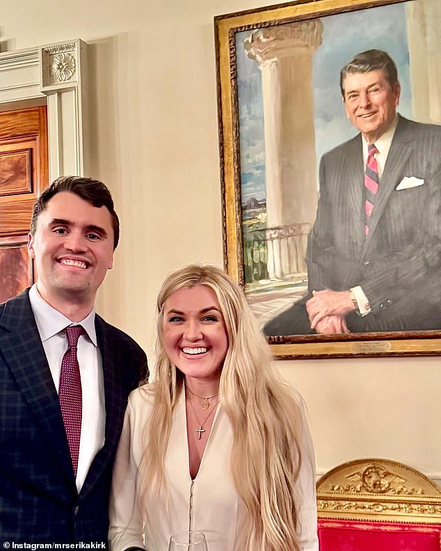Kirk helped found Turning Point USA, a conservative nonprofit that has focuses on promoting conservativism on school campuses (pictured: Kirk and his wife Erika Frantzve)