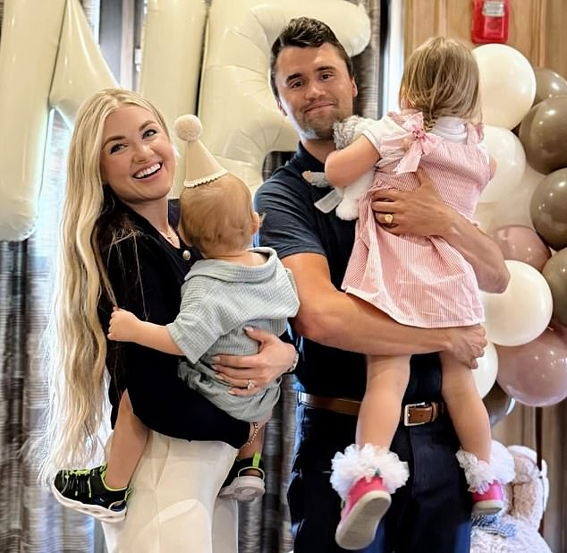The father-of-two (pictured with family), known for his fierce MAGA views and thrilling debates with college kids across the country, collapsed immediately after being hit by gunfire