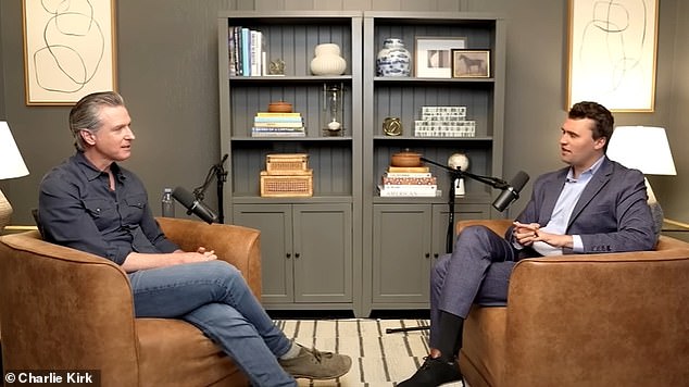 In March 2025, Kirk appeared as the first guest on California Democratic Governor Gavin Newsom 's podcast and they parried