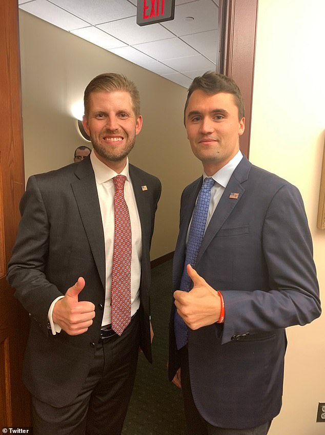 As late as the Republican National Convention in 2016, Kirk was quoted saying that he 'was not the world's biggest Donald Trump fan.' He was won, he says, by the younger generation of Trumps - Don Jr, Eric (pictured with Kirk) and Lara Trump