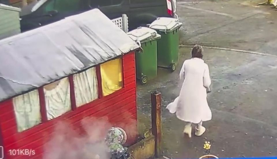 Security camera footage of a woman throwing boiling water.