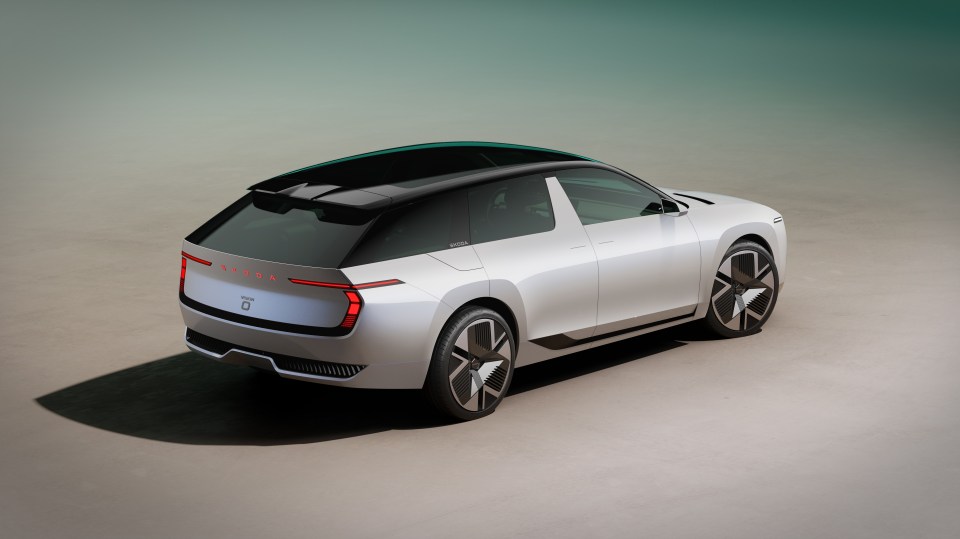 Rear view of a white Skoda Vision 0 EV concept car.