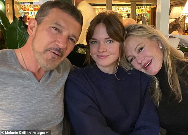 It's Melanie Griffith, daughter of Birds alum Tippi Hedren, and she'll reunite with her third ex-husband Antonio Banderas (L, pictured in 2023) in Spain next month to attend their daughter Stella's (M) 'intimate' wedding to Alex Gruszynski